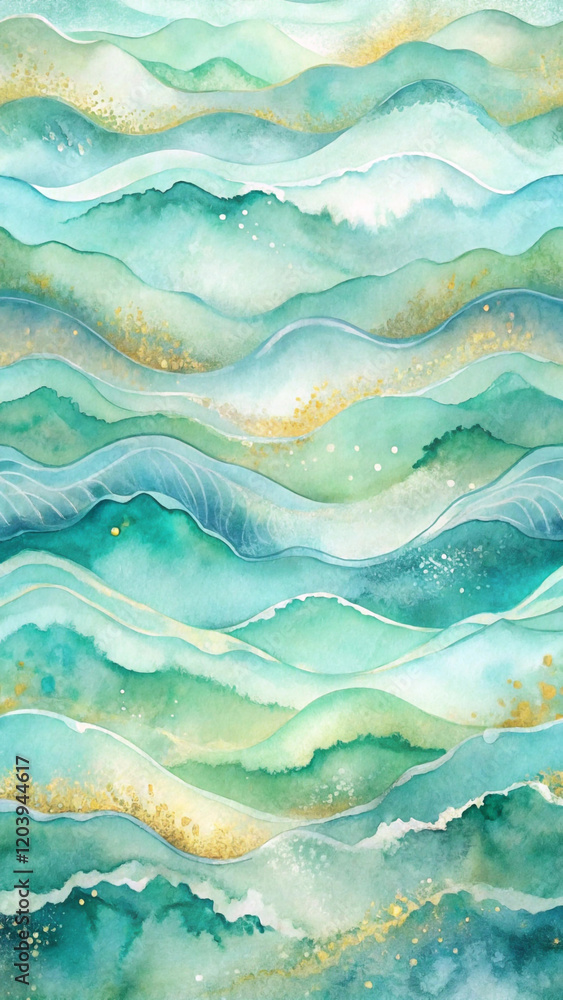 Fototapeta premium Soft, flowing watercolor waves in pastel blues and greens, with hints of shimmering gold outlining the crests. Subtle splashes of white mimic sea foam.