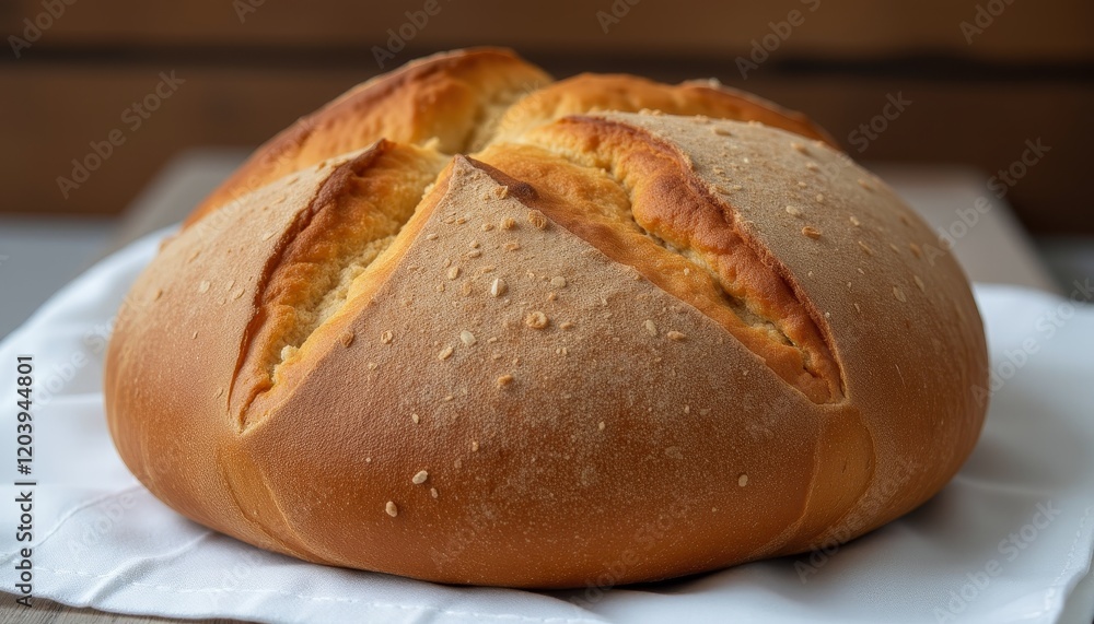 Golden-Brown Round Loaf of Artisan Bread with Sesame Seeds on a White Napkin, Perfect for Homemade Baking and Rustic Food Photography Golden-Brown Round Loaf of Artisan Bread with Sesame Seeds on a White Napkin, Perfect for Homemade Baking and Rustic Food Photography