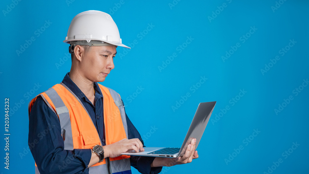 Confident young engineer wearing orange and a safety helmet stands holding a laptop, phone with various emotions. Confident young engineer wearing orange and a safety helmet stands holding a laptop, phone with various emotions.