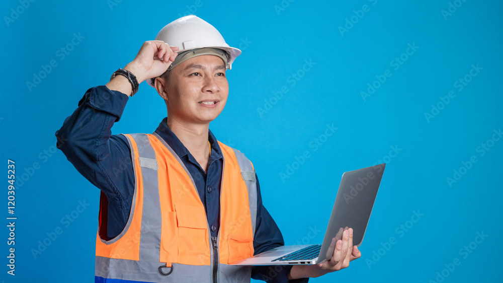 Confident young engineer wearing orange and a safety helmet stands holding a laptop, phone with various emotions. Confident young engineer wearing orange and a safety helmet stands holding a laptop, phone with various emotions.