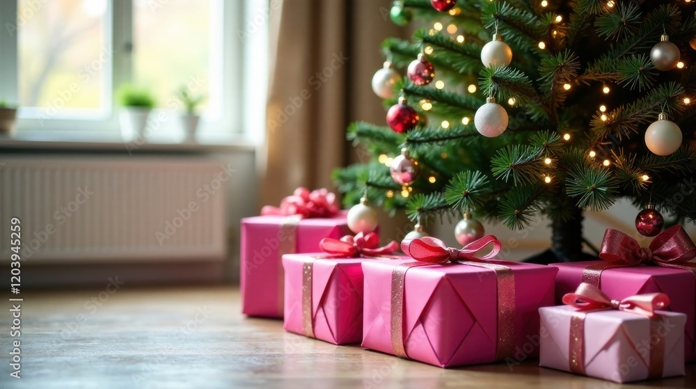 A Festive Array of Pink Presents Underneath a Christmas Tree with Sparkling Lights and Ornaments A Festive Array of Pink Presents Underneath a Christmas Tree with Sparkling Lights and Ornaments
