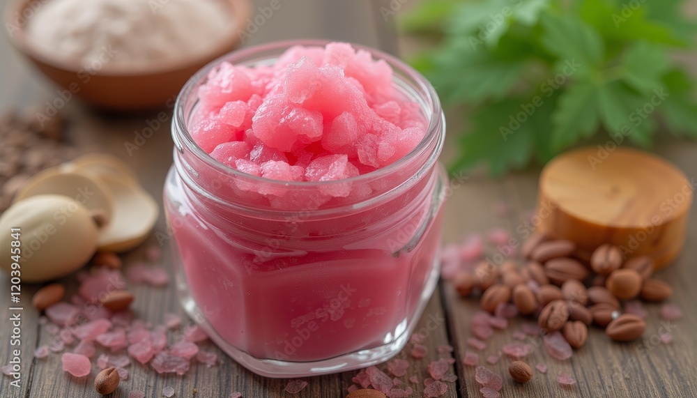 Jars of Homemade Pink Sugar Scrub with Nuts and Seeds on Woven Mat, Perfect for DIY Skincare and Natural Beauty Photography Jars of Homemade Pink Sugar Scrub with Nuts and Seeds on Woven Mat, Perfect for DIY Skincare and Natural Beauty Photography