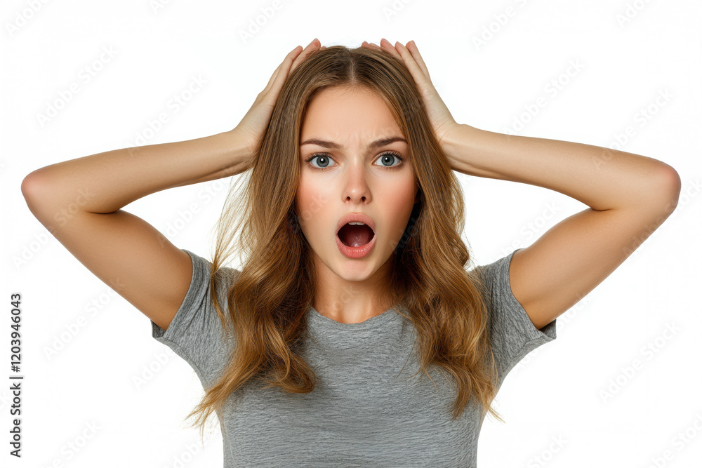 Surprised young woman with hands on her head expressing shock in a studio setting Surprised young woman with hands on her head expressing shock in a studio setting