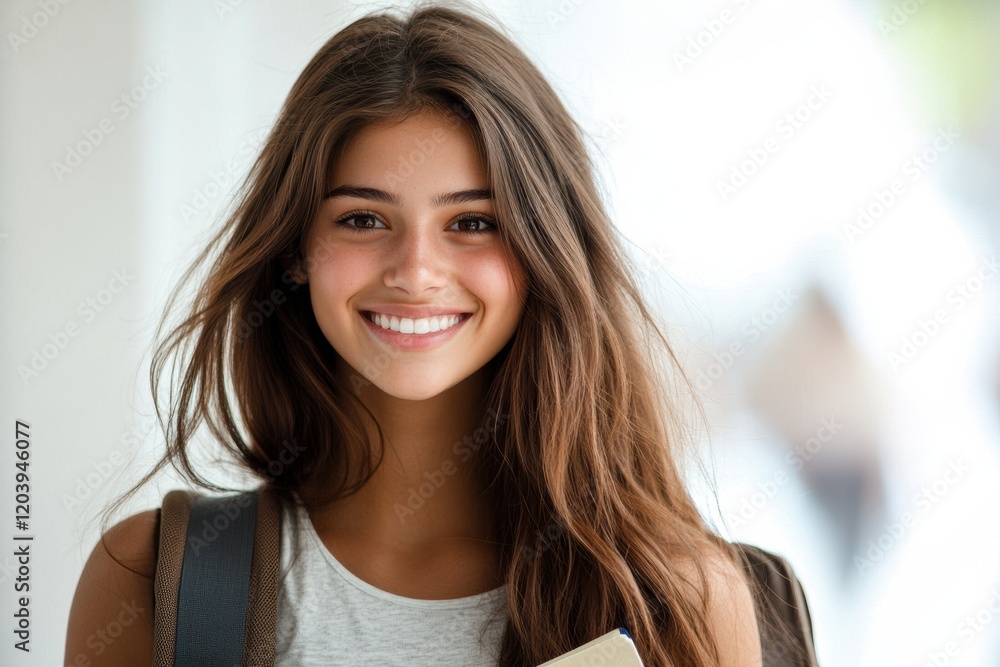 College girl student smiling while holding a notebook in a university hallway during daytime College girl student smiling while holding a notebook in a university hallway during daytime