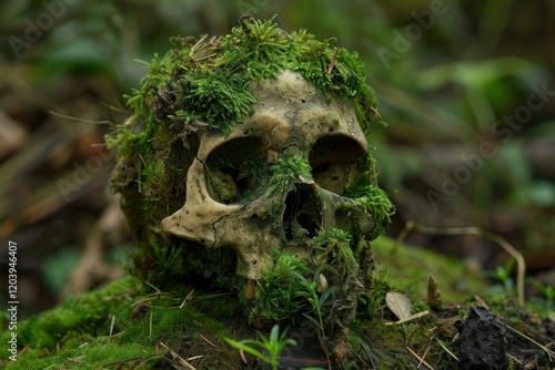 Human skull, adorned with vibrant green moss, rests peacefully on the forest floor, symbolizing the cyclical nature of life and death photo