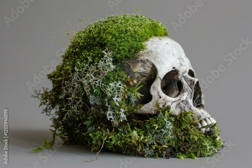 Moss and lichen growing on a human skull against a neutral gray background, symbolizing the cycle of life and death photo