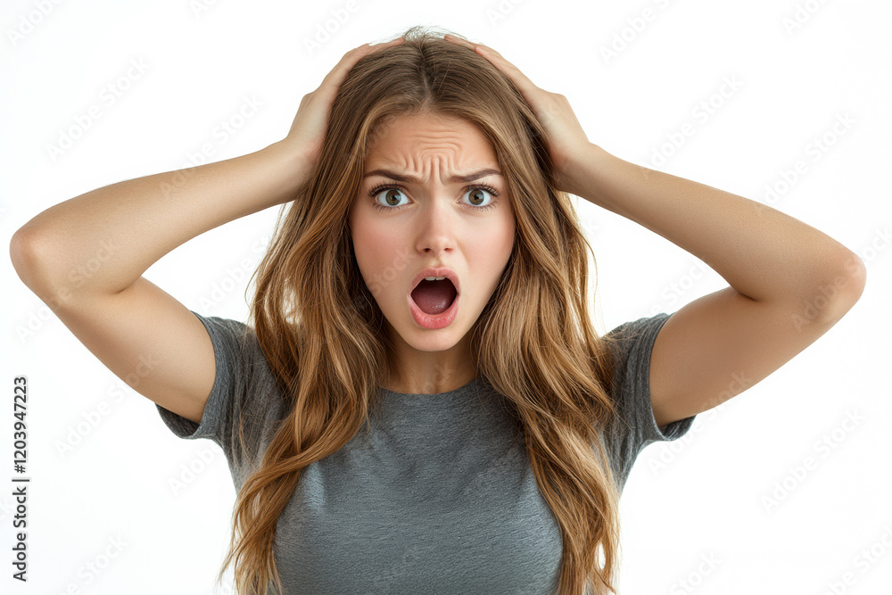 Surprised young woman expressing shock in a bright studio setting during the daytime Surprised young woman expressing shock in a bright studio setting during the daytime