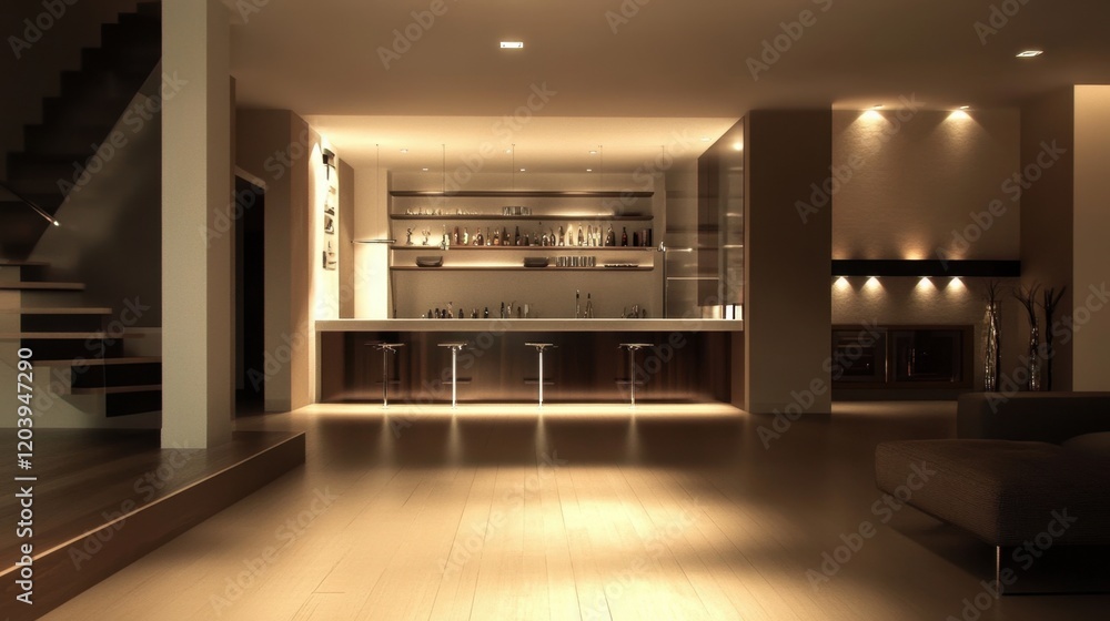 A sleek modern basement with built-in shelving, an open layout, and warm recessed lighting, ideal for entertainment or relaxation. A sleek modern basement with built-in shelving, an open layout, and warm recessed lighting, ideal for entertainment or relaxation.