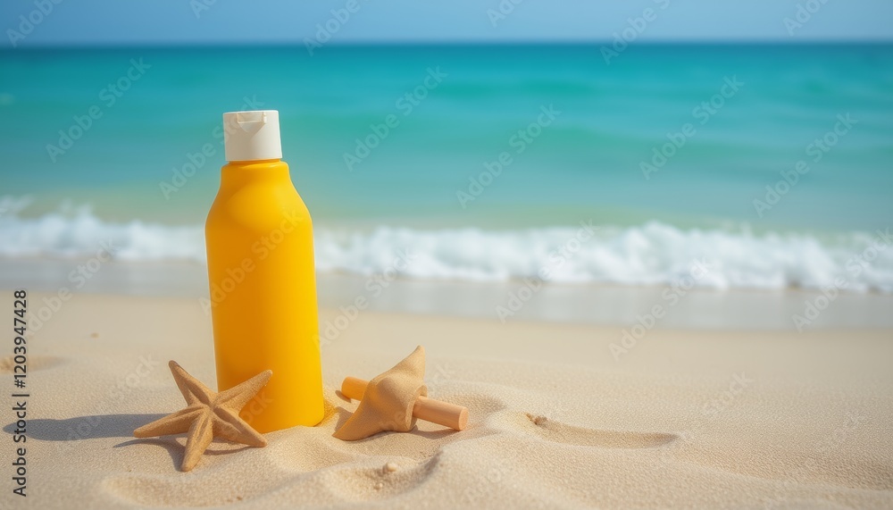Yellow Sunscreen Bottle with Starfish on Sandy Beach - Ocean Waves and Clear Blue Sky in the Background Yellow Sunscreen Bottle with Starfish on Sandy Beach - Ocean Waves and Clear Blue Sky in the Background
