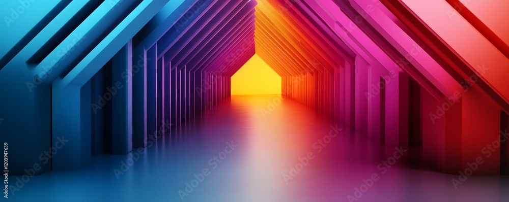 A vibrant, colorful hallway with bold geometric shapes and bright light at the end, creating a sense of depth. A vibrant, colorful hallway with bold geometric shapes and bright light at the end, creating a sense of depth.