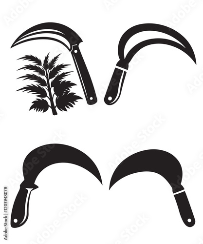 Four stylized, black silhouettes of sickles or reaping hooks 