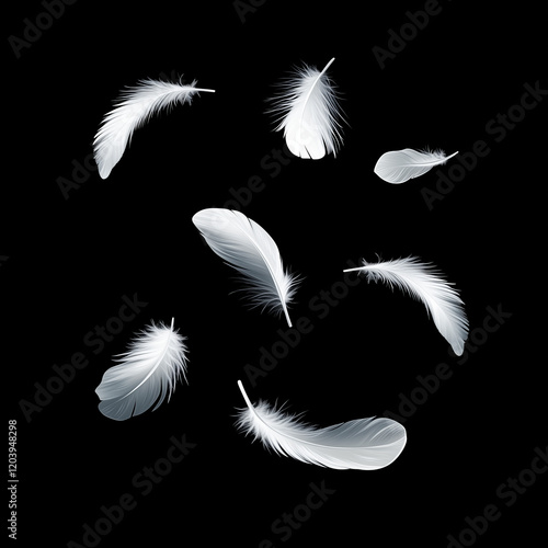 Falling White Feathers - Soft and Elegant in black background photo