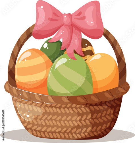 Easter eggs in a basket with a pink bow. Vector illustration for poster, banner, postcard, commercial, discount, flyer.