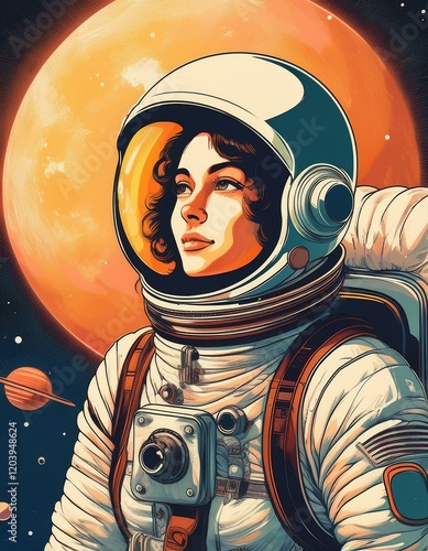 Wallpaper Mural An illustrated vintage astronaut gazes into space with a stylized sun in the background, depicted in warm and cool tones. Torontodigital.ca