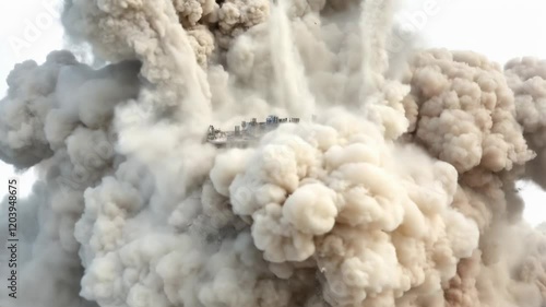 High rise Building Demolition Concrete Dust Cloud Urban Renewal Destruction Scene
