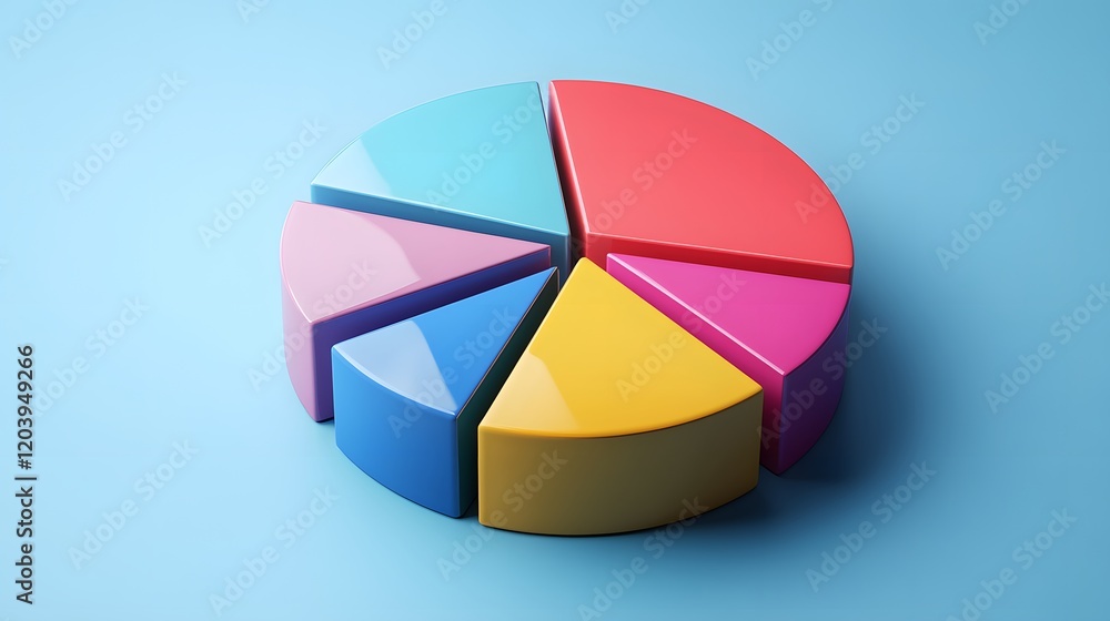 Obraz premium Colorful 3D pie chart on a blue background, representing data visualization in a modern business environment.