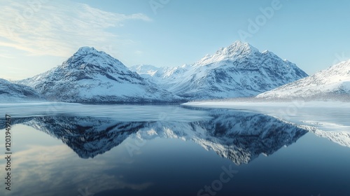 Wallpaper Mural A snowy mountain range reflecting in the calm waters of a frozen river. Torontodigital.ca