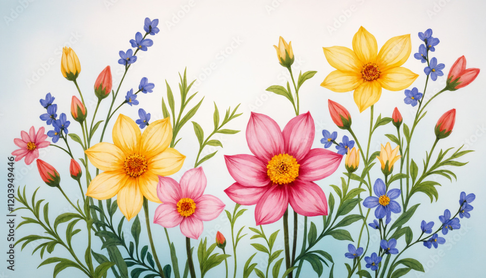 Fototapeta premium Vibrant illustration of mixed flowers on soft background, copy space