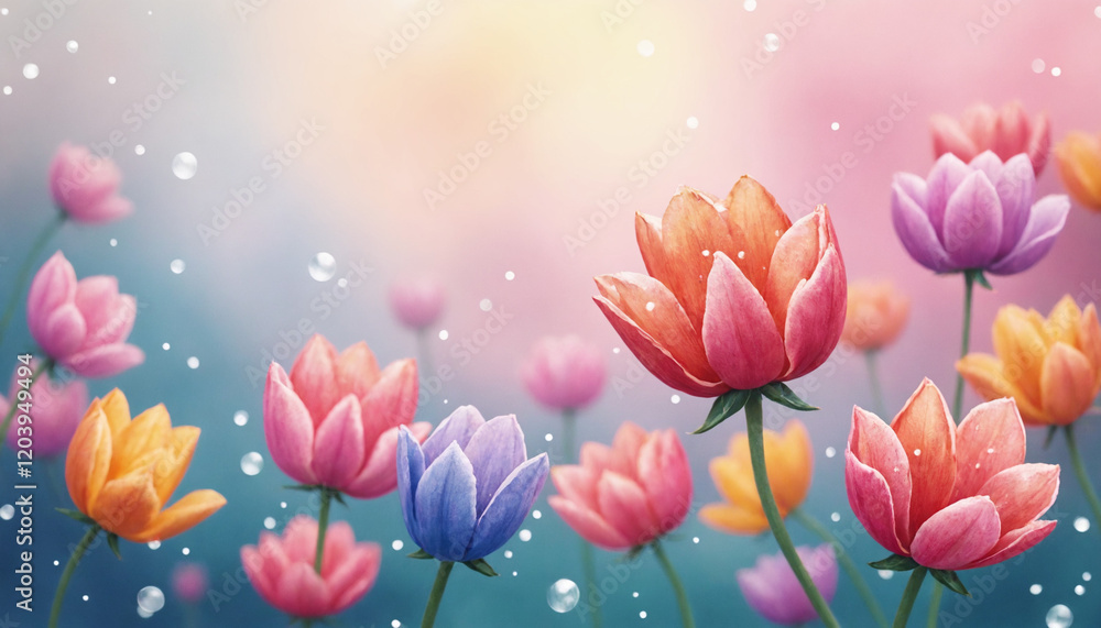 Vibrant tulips with dew drops on soft background, copy space Vibrant tulips with dew drops on soft background, copy space