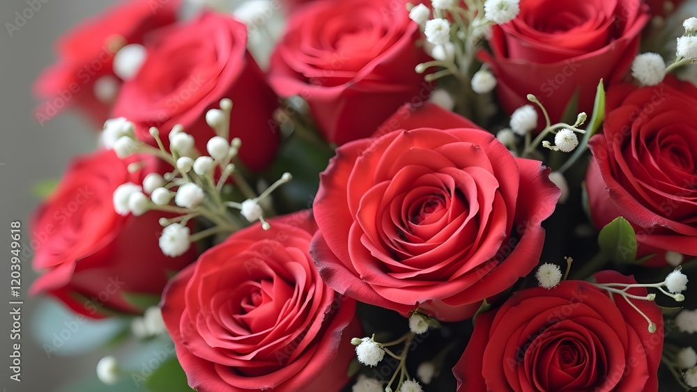 Bouquet of beautiful red roses on grey background, closeup. Generated by AI Bouquet of beautiful red roses on grey background, closeup. Generated by AI