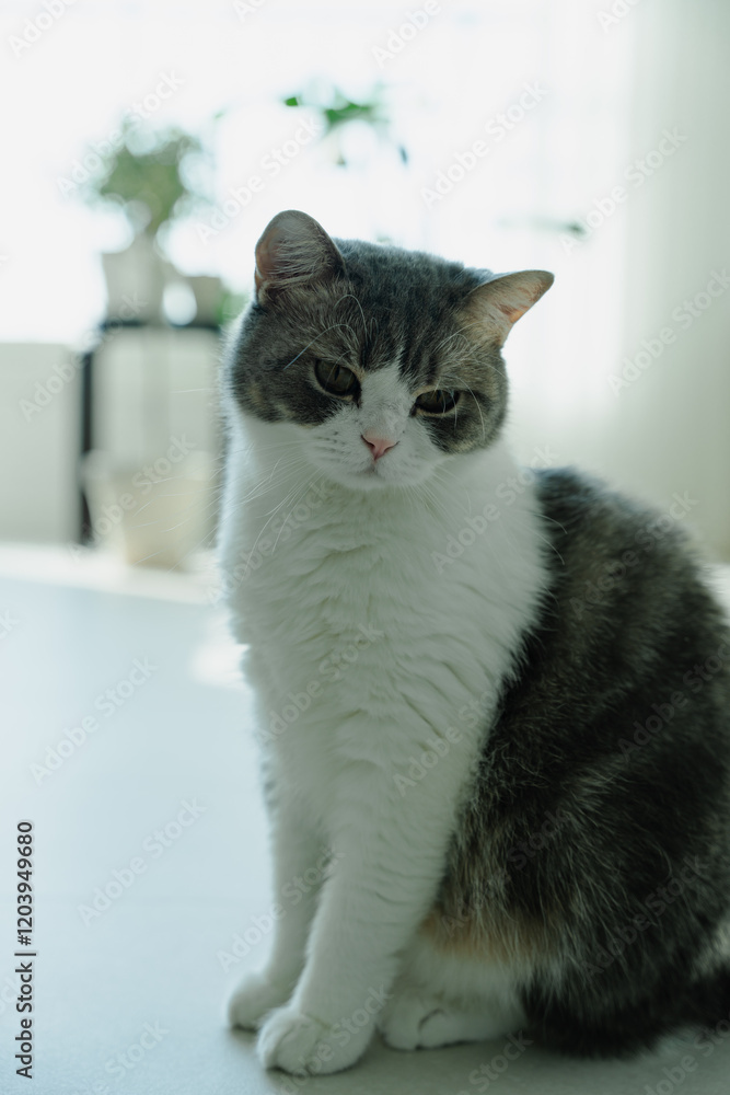 Gray and white cat sitting indoors Gray and white cat sitting indoors