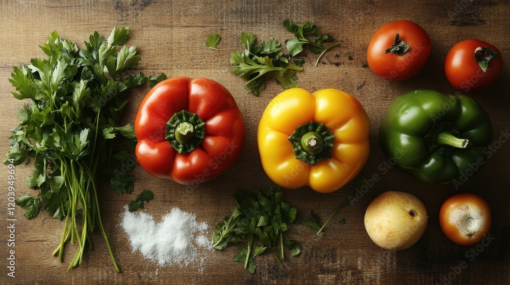A trio of stuffed bell peppers arranged on a wooden surface, surrounded by fresh ingredients. A trio of stuffed bell peppers arranged on a wooden surface, surrounded by fresh ingredients.