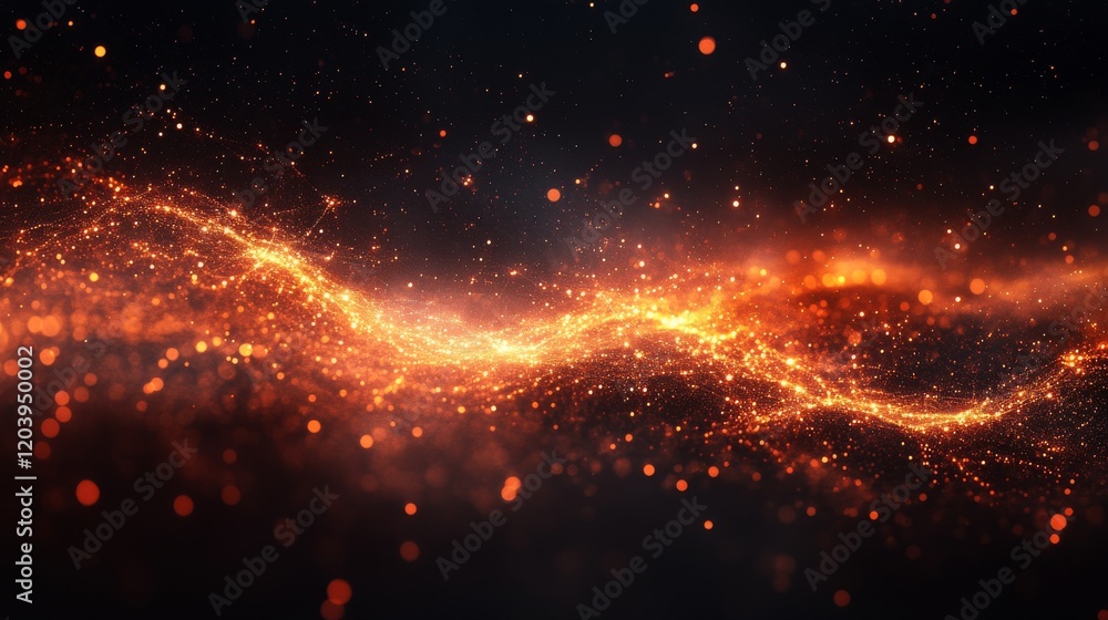 Abstract fiery stream of glowing particles on a dark background resembling the cosmos with a constellation effect Abstract fiery stream of glowing particles on a dark background resembling the cosmos with a constellation effect