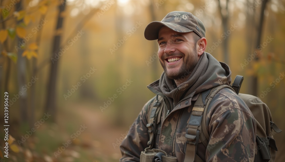 Smiling man in camouflage clothing enjoying a hike through a golden autumn forest, symbolizing adventure and outdoor exploration. Smiling man in camouflage clothing enjoying a hike through a golden autumn forest, symbolizing adventure and outdoor exploration.