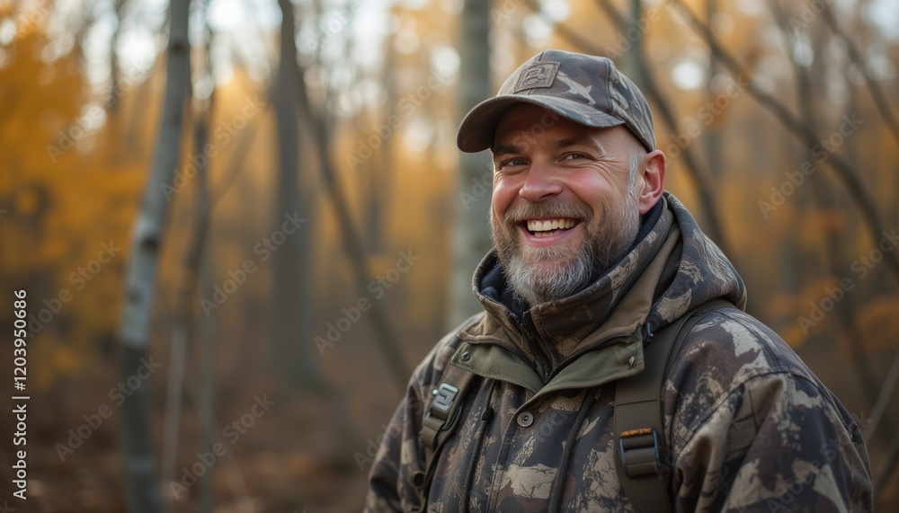 Smiling man in camouflage clothing enjoying a hike through a golden autumn forest, symbolizing adventure and outdoor exploration. Smiling man in camouflage clothing enjoying a hike through a golden autumn forest, symbolizing adventure and outdoor exploration.