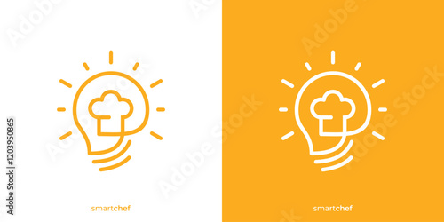 Creative Smart Chef Logo. Lightbulb and Chef Hat Graphic Icons. Idea Chef Logo Design Template.