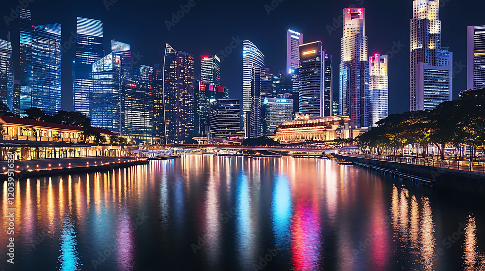 Fototapeta premium Night view of a vibrant city skyline reflecting on water.