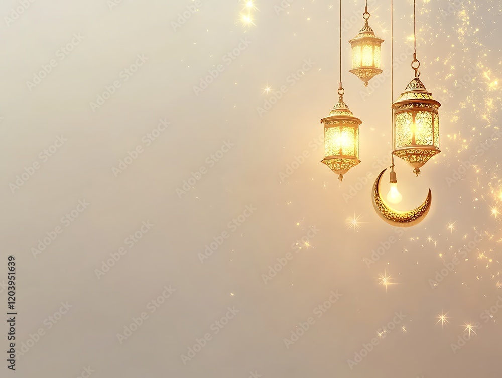Golden Ramadan Lanterns and Crescent Moon Glow Golden Ramadan Lanterns and Crescent Moon Glow