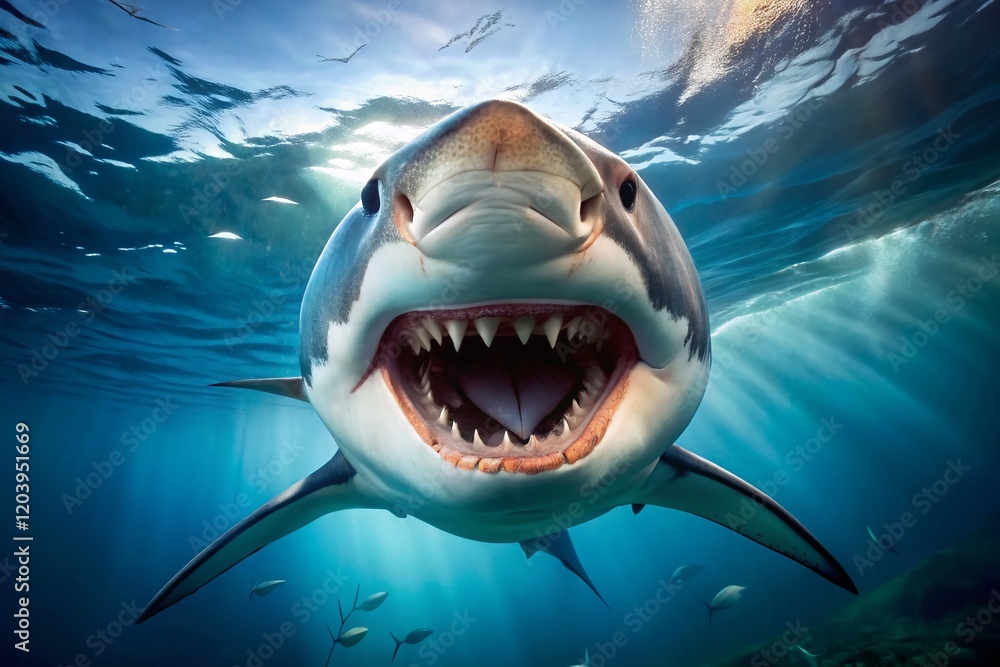 Naklejka premium Rare Underwater Shot: Great White Shark Open Mouth, Jaws Wide, Ocean Predator