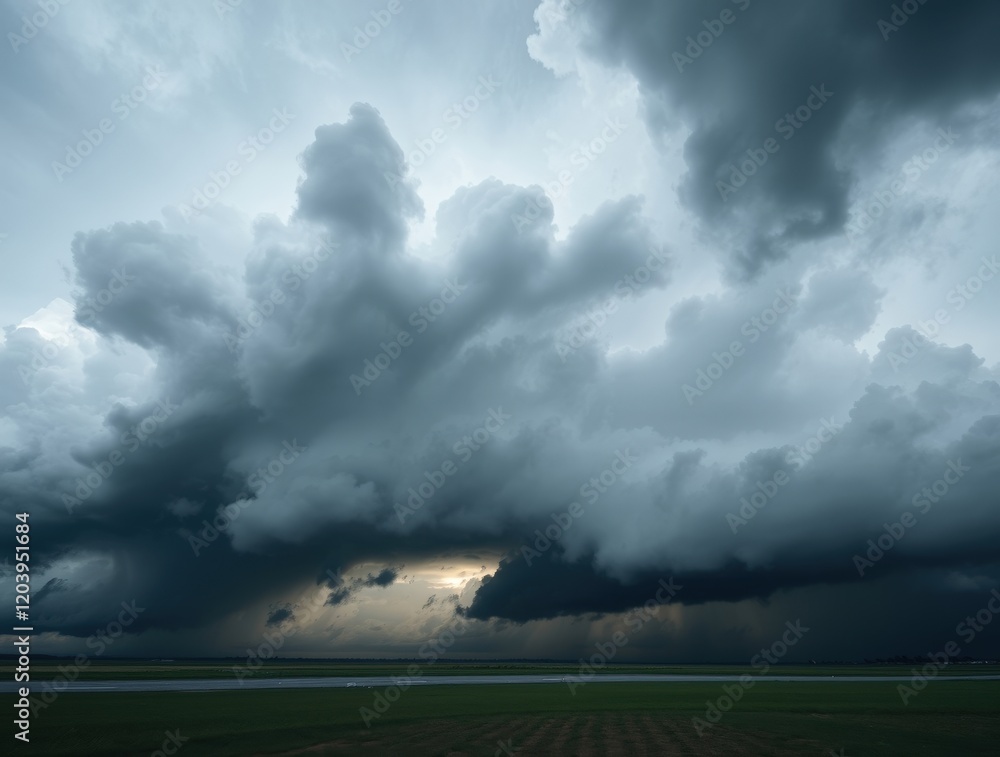 Ominous Storm Clouds: A dramatic panorama of heavy, swirling storm clouds, pregnant with potential for dramatic rainfall, stretches across the sky, a vivid depiction of the raw power of nature. Ominous Storm Clouds: A dramatic panorama of heavy, swirling storm clouds, pregnant with potential for dramatic rainfall, stretches across the sky, a vivid depiction of the raw power of nature.