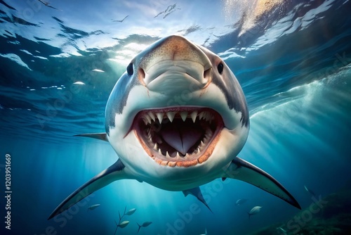 Rare Underwater Shot: Great White Shark Open Mouth, Jaws Wide, Ocean Predator photo