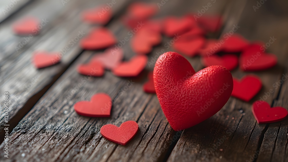 Valentine's Day background with red hearts on a wooden background. Generated by AI Valentine's Day background with red hearts on a wooden background. Generated by AI