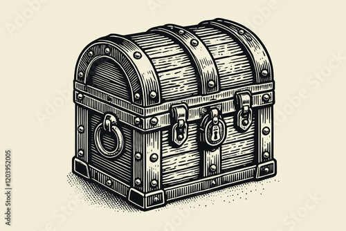 Treasure chest with woodgrain and hinges in bold black-and-white engraving