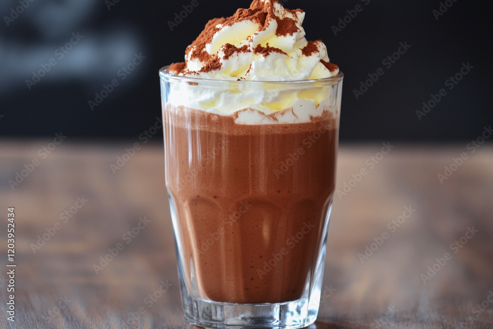 Enjoying a creamy keto chocolate protein shake topped with whipped cream and cocoa powder on a rustic wooden table Enjoying a creamy keto chocolate protein shake topped with whipped cream and cocoa powder on a rustic wooden table