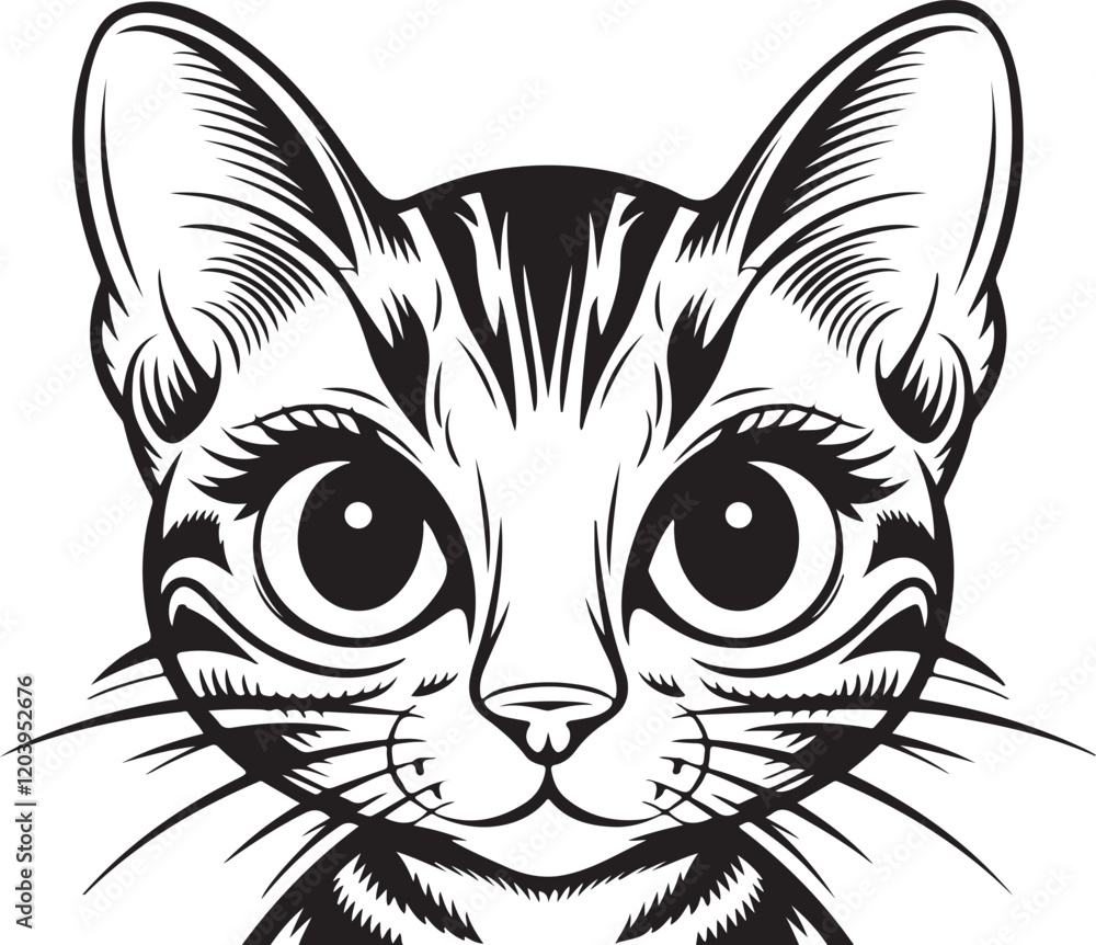 A cute cartoon illustration of a black and white cat head with big eyes, designed in a simple vector style, capturing the essence of a domestic feline pet in a clean silhouette portrait A cute cartoon illustration of a black and white cat head with big eyes, designed in a simple vector style, capturing the essence of a domestic feline pet in a clean silhouette portrait