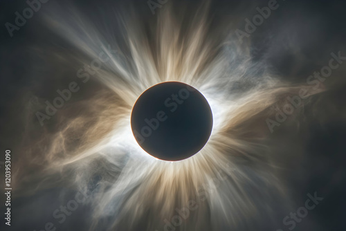 Realistic portrayal of a solar eclipse, with the moon perfectly aligning with the sun in a cosmic spectacle photo