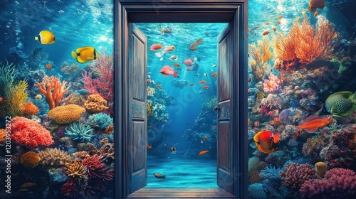 A doorway to an underwater world filled with colorful fish and coral reefs awaits discovery