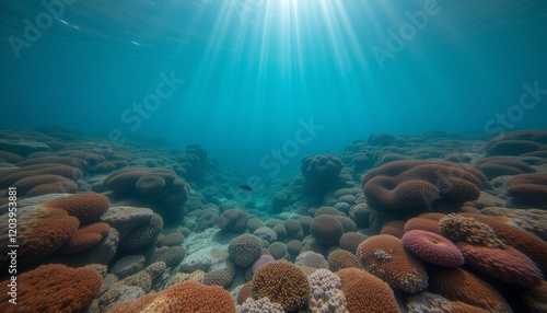 Vibrant coral reef illuminated by sun rays in crystal-clear blue water, symbolizing marine beauty, biodiversity, and underwater tranquility. photo