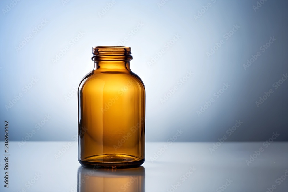 Empty amber glass bottle on reflective surface. A transparent amber glass bottle with a smooth finish, standing on a reflective surface against a gradient blue background, ideal for packaging concept Empty amber glass bottle on reflective surface. A transparent amber glass bottle with a smooth finish, standing on a reflective surface against a gradient blue background, ideal for packaging concept