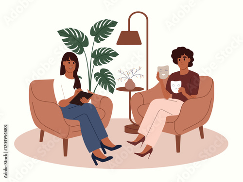 Person with imposter syndrome at the doctor. Bipolar disorder. Fake faces and emotions