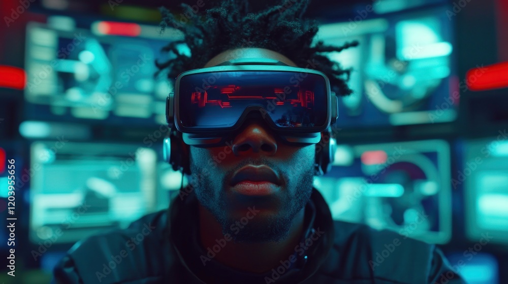Man wearing VR headset immersed in virtual reality, surrounded by screens. Man wearing VR headset immersed in virtual reality, surrounded by screens.