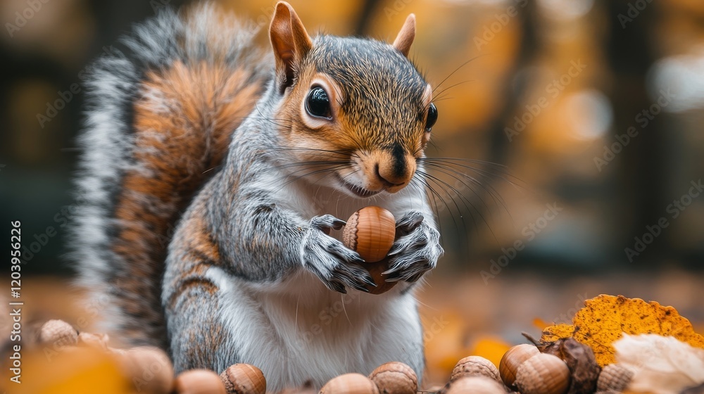 A charming squirrel with fluffy fur carefully holds a nut against a warm autumn foliage backdrop displaying the beauty of nature A charming squirrel with fluffy fur carefully holds a nut against a warm autumn foliage backdrop displaying the beauty of nature