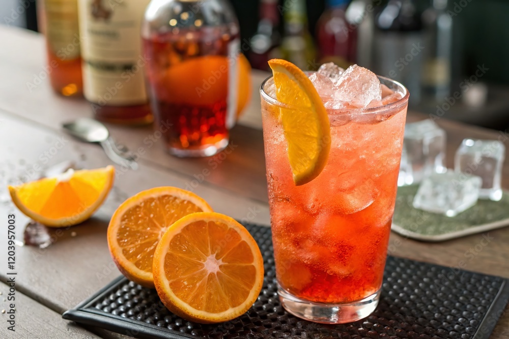 Fototapeta premium Refreshing Orange Cocktail with Ice Cubes - Summer Drink Stock Photo