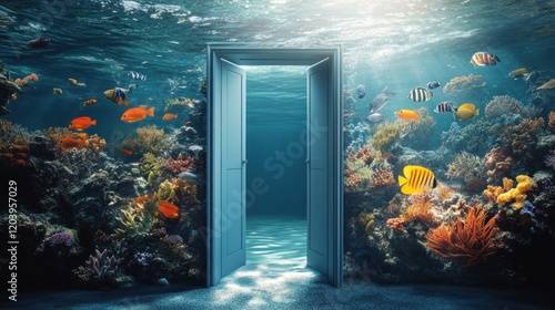 A surreal underwater scene with a doorway leading into the depths of an ocean landscape