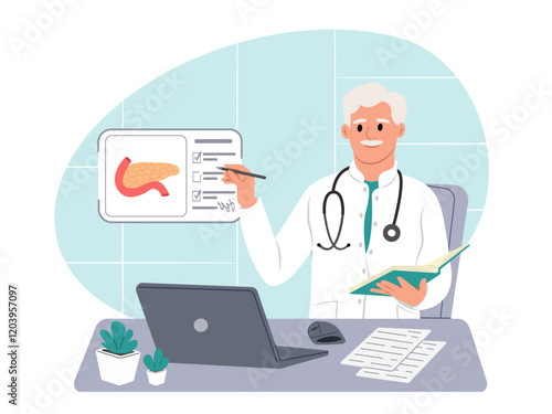 Pancreatic health. Treatment of diseases of the pancreas, acute and chronic pancreatitis. Vector illustration in flat style