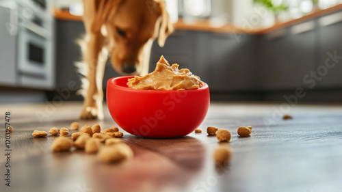 A close-up shot of a Classic Dog Toy, partially filled with peanut butter and dog treats, resting on a kitchen floor, for stimulating mental activity and satisfying a pet’s instinctual need to chew photo